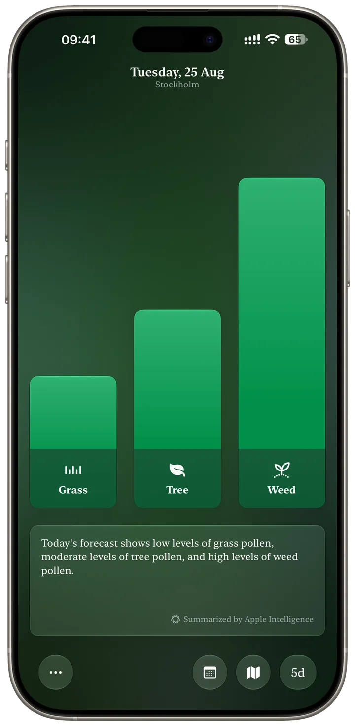 Pollenomics forecast screen with grass, tree and weed pollen levels and a summary by Apple Intelligence