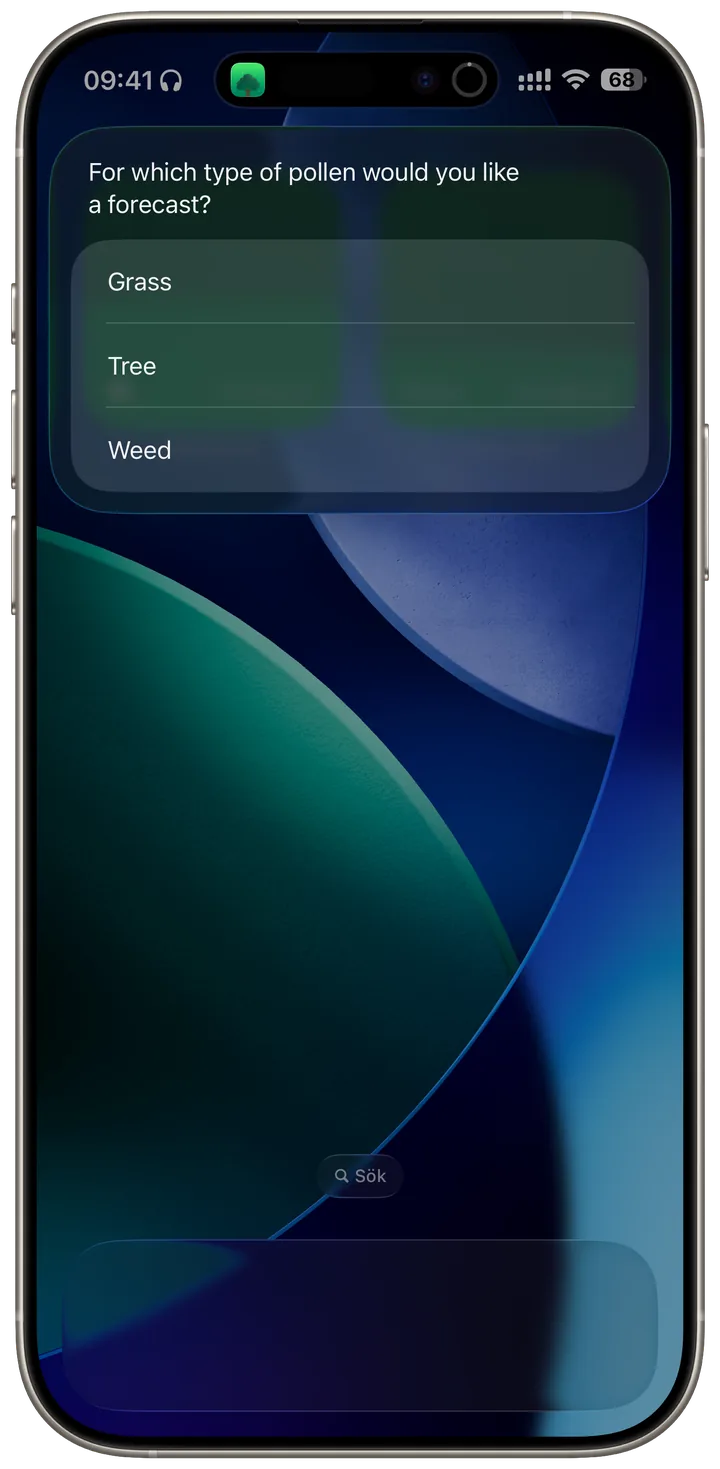 Siri asking which type of pollen you would like a forecast for: grass, tree or weed