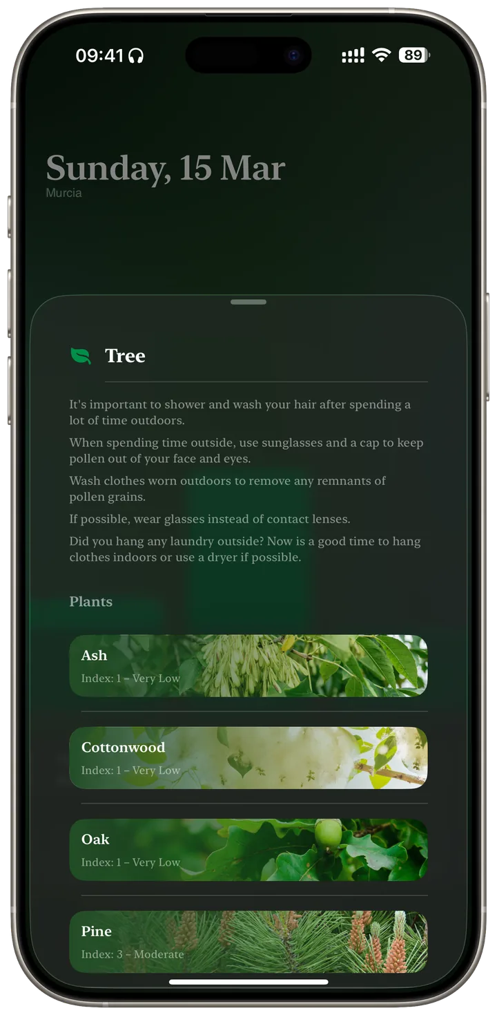 Tree pollen detail sheet with tips and index levels for ash, cottonwood, oak and pine