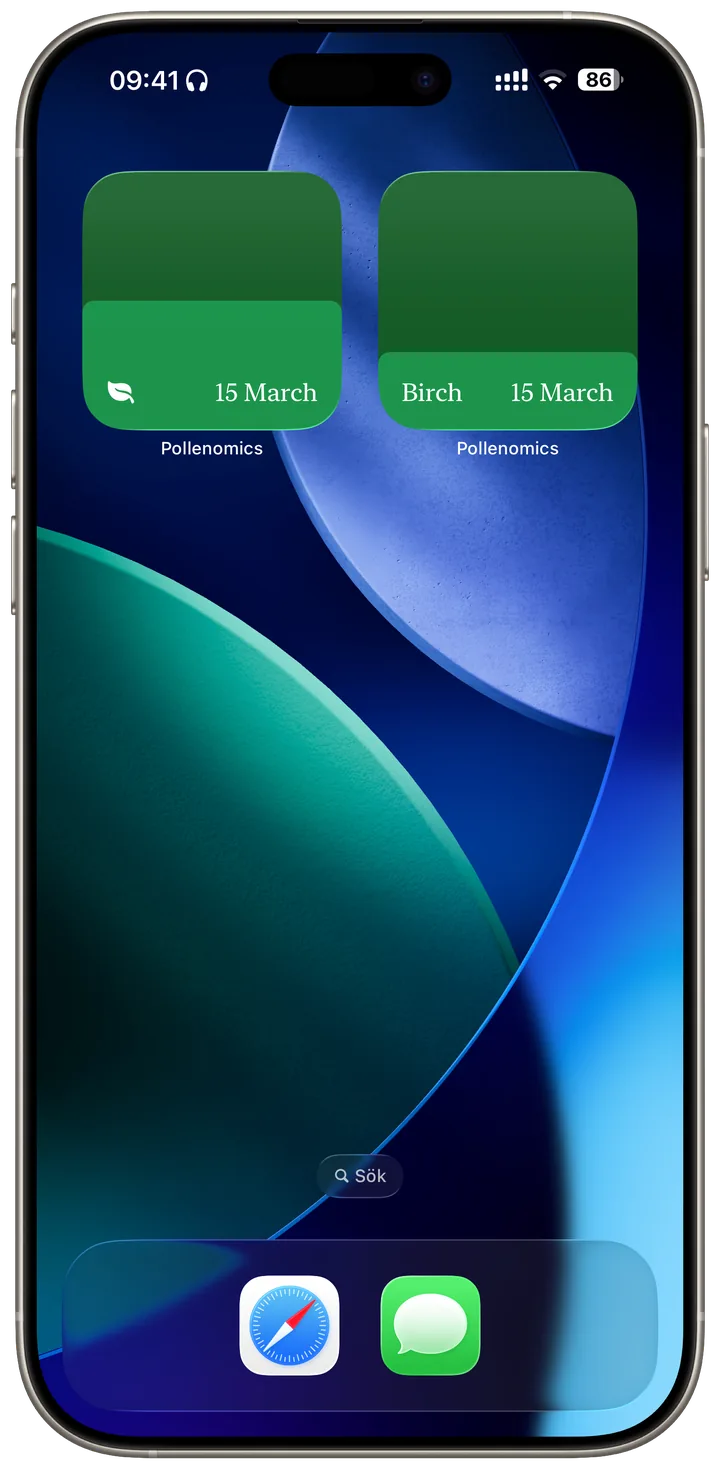 Two Pollenomics widgets on the iPhone home screen, one for tree pollen and one for birch